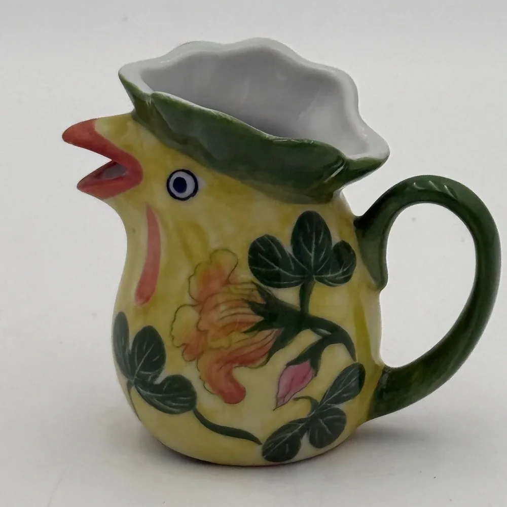 Vtg Ceramic Chicken Creamer Pitcher Yellow Floral Hand Painted Farmhouse 3.5